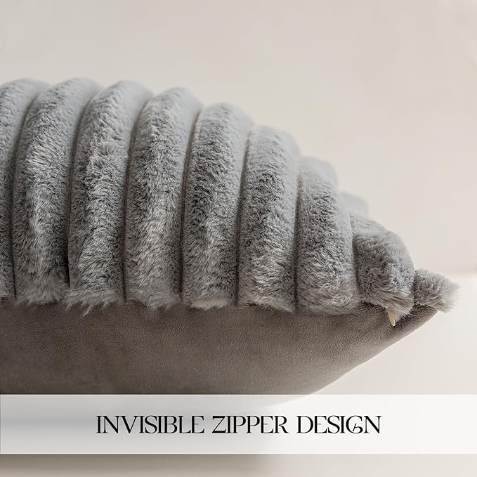 MOSAYT Faux Fur Throw Pillow Covers 18x18, Set of 2, Plush Velvet Soft Pillow Case,Fluffy Striped Decorative Couch Pillow Covers for Sofa, Bedroom, Living Room(Grey)