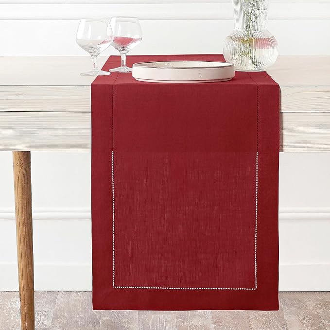 D'Moksha Homes Linen Red Table Runner 72 Inches Long - 100% Pure Linen Hemstitch Table Runner 14 x 72 Inch for Dresser, Dining, Fall, Autumn and Halloween - Classic Hemstitch