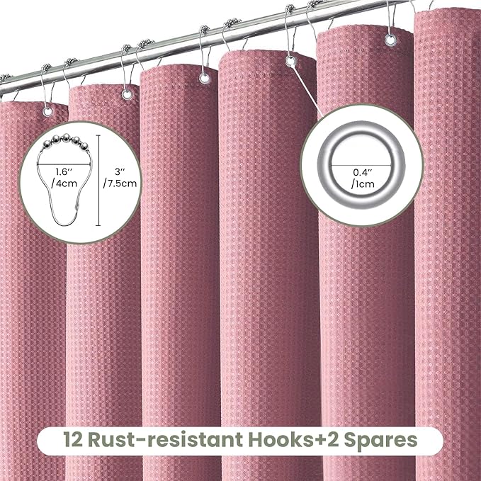 Inhousolu Fabric Shower Curtain Waffle Weave, 230 GSM Heavy Duty, Weighted Hem, 14 Metal Hooks, Water Repellent, Machine Washable, Hotel Spa Luxury Bath Curtain Set, 72 x 72 Inch, Pink