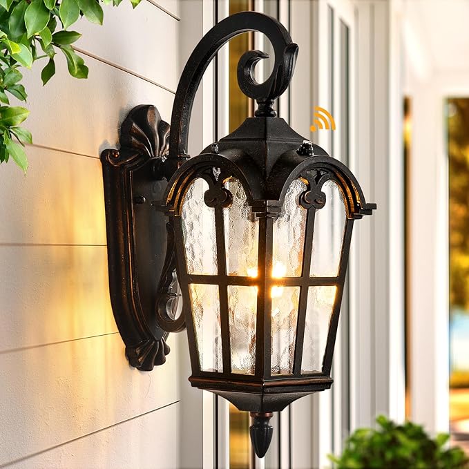 VIANIS Exterior Lighting Fixtures, Large Size Oil Rubbed Bronze Outdoor Wall Lights Dusk to Dawn, Waterproof Outdoor Light Fixtures Wall Mount with Tempered Water Ripple Glass for Patio, Entryway