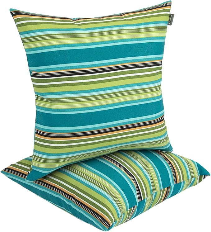 Outdoor Throw Pillows Water Resistant 18x18 inch,Decorative Throw Pillow with Insert Set of 2,Hidden Zipper Headrests for Patio Furniture Sofa Couch Chair(Green Stripe)