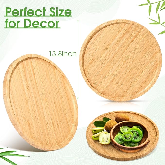 Meanplan 3 Pcs Round Wood Trays Round Charcuterie Board Bulk Bamboo Serving Platter with Rim Polished Wooden Vegetable Platter for Holding Fruit Bread Pizza Party Decor Christmas Supplies (13.8 Inch)