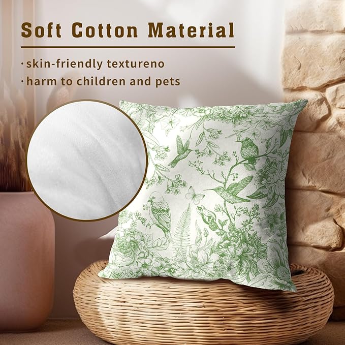 Vintage Floral Throw Pillow Covers 22x22 Inch, Set of 2 Green White Chinoiserie Flowers Square Pillowcases Soft Cotton Cushion Cover for Couch Bed Sofa Car Home Decoration