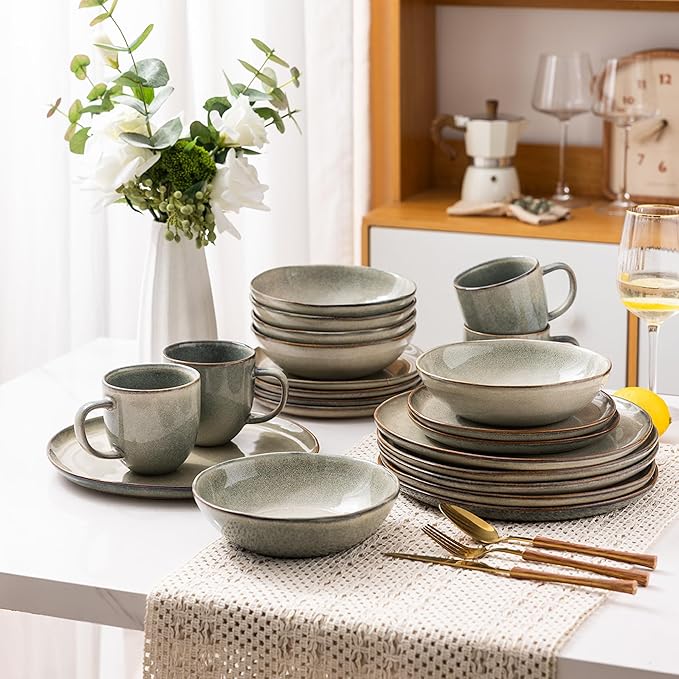 AmorArc Ceramic Dinnerware Sets,Handmade Reactive Glaze Stoneware Plates and Bowls Set,Highly Scratch Resistant | Dishwasher & Microwave Safe Dishes Set,Service for 6 (18pc)