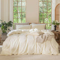 MooMee Bedding Duvet Cover Set 100% Washed Cotton Linen Like Textured Breathable Durable Soft Comfy (Solid Cream White, Twin 68"x90")