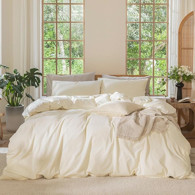 MooMee Bedding Duvet Cover Set 100% Washed Cotton Linen Like Textured Breathable Durable Soft Comfy (Solid Cream White, Twin 68"x90")
