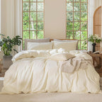 MooMee Bedding Duvet Cover Set 100% Washed Cotton Linen Like Textured Breathable Durable Soft Comfy (Solid Cream White, Super Queen 90"x98")