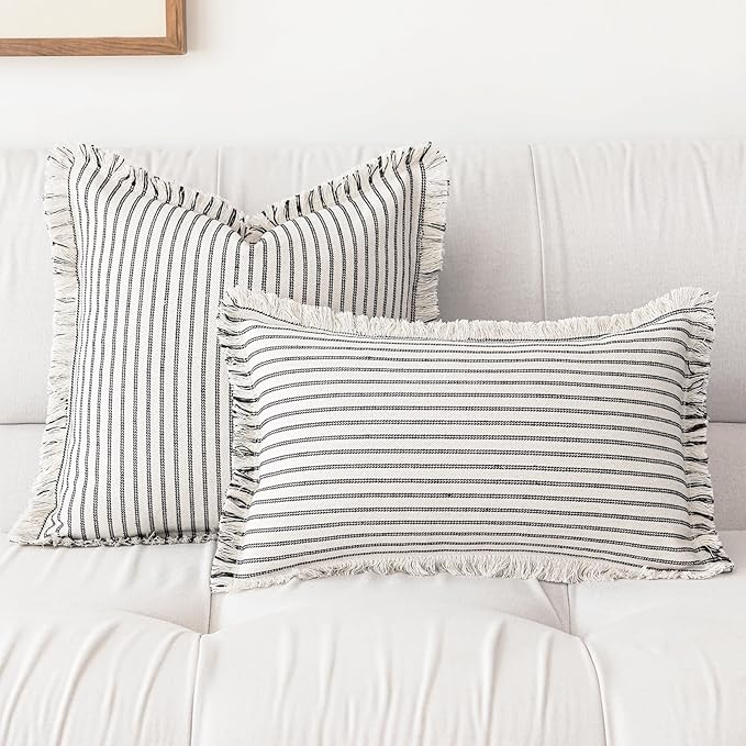 Throw Pillow Covers 18x18 Set of 2 Striped Fringe Pillow Cover Farmhouse Cushion Covers with Tassel Neutral Boho Pillows Decorative Square Pillowcase for Couch Sofa Bed, Black