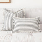 Throw Pillow Covers 18x18 Set of 2 Striped Fringe Pillow Cover Farmhouse Cushion Covers with Tassel Neutral Boho Pillows Decorative Square Pillowcase for Couch Sofa Bed, Black