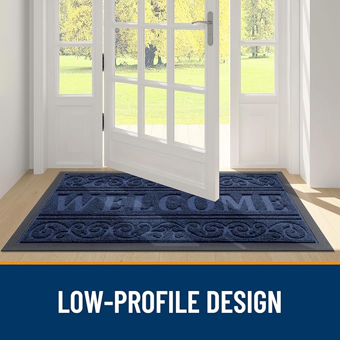 OLANLY Welcome Door Mat Indoor Outdoor Entrance, Heavy Duty Sturdy Front Door Mat, Waterproof All-Weather Doormat, Stain Resistant, Low Profile, Easy Clean Patio Entryway Mat, 29.5 x 17, Navy
