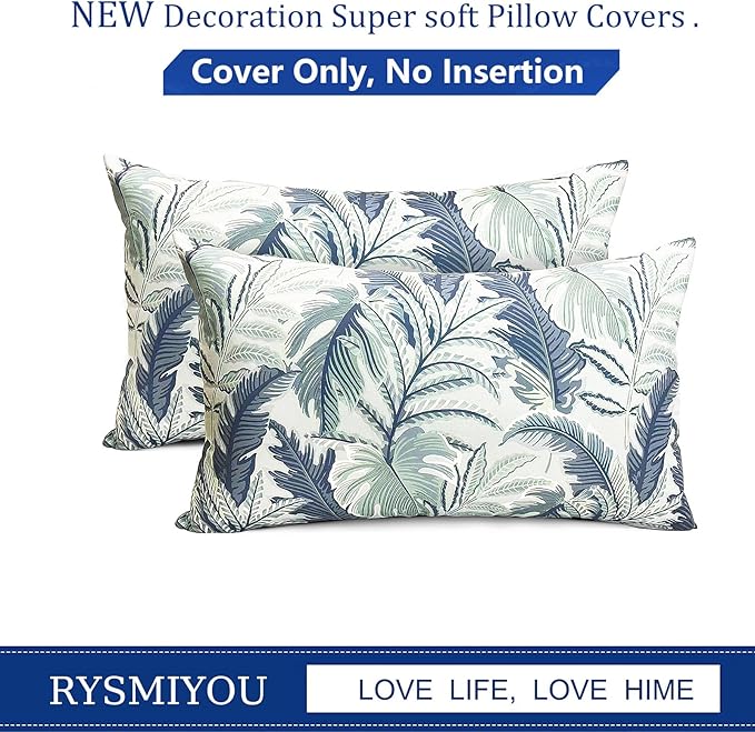 Decorative Throw Pillow Covers Set of 2 Blue Green Large Leaves Pillow Covers 12x20 inch Soft Short Plush Square Floral Throw Pillows,Farmhouse Outdoor Pillow Covers for Couch Living Room