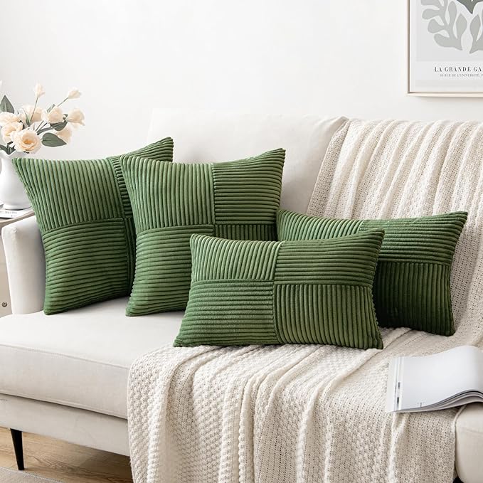 MIULEE Moss Green Corduroy Pillow Covers Pack of 2 Boho Decorative Spliced Throw Pillow Covers Soft Solid Couch Pillowcases Cross Patchwork Textured Cushion Covers for Living Room Bed Sofa 20x20 inch