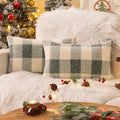 AQOTHES Light Green White Plaid Winter Throw Pillow Covers 12x20 Inch Set of 2, Boucle Faux Fur Pillow Covers,Cozy Fluffy Home Living Room Farmhouse Decor for Sofa Couch Bed