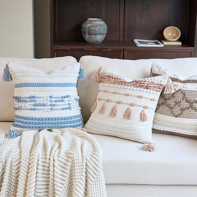 18x18 Boho Blue Decorative Pillow Cover with Cording and Tassels Handmade Accent Woven Textured Square Throw Pillow Case for Couch Sofa Farmhouse Living Room Home Decor