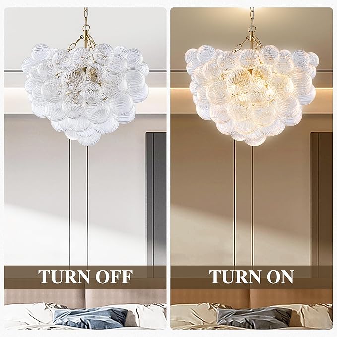 Bubble Glass Chandelier Pendant Lights Fixture Dia 24 inch Cluster Swirled Clear Blown Glass Ribbed Globe Decorative Lighting Fixture for Living Room Bedroom Dining Room Island