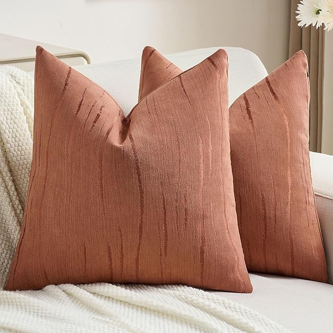 FUTEI Rust Chenille Decorative Throw Pillow Covers 24x24 Inch Set of 2,Soft Embossed Striped Textured European Cushion Case,Modern Home Decor for Couch Bed Living Room