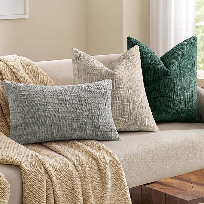 decorUhome Christmas Green Chenille Throw Pillow Covers 24x24 Set of 2 Thick Textured Slubby Couch Pillow Covers Farmhouse Accent Modern Neutral Decorative Pillow Cases for Bed Sofa Living Room