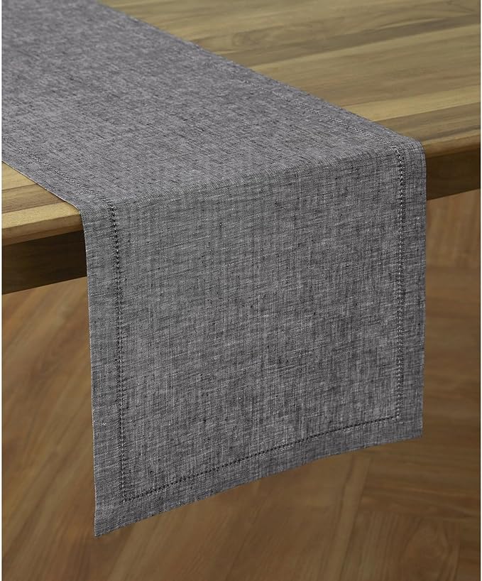 Solino Home Linen Table Runner 60 Inches - 100% Pure Linen Chambray Black Hemstitch Table Runner 14 x 60 Inch Ideal for Dresser and Coffee Tables - Fall, Halloween, Thanksgiving, Christmas - Milan
