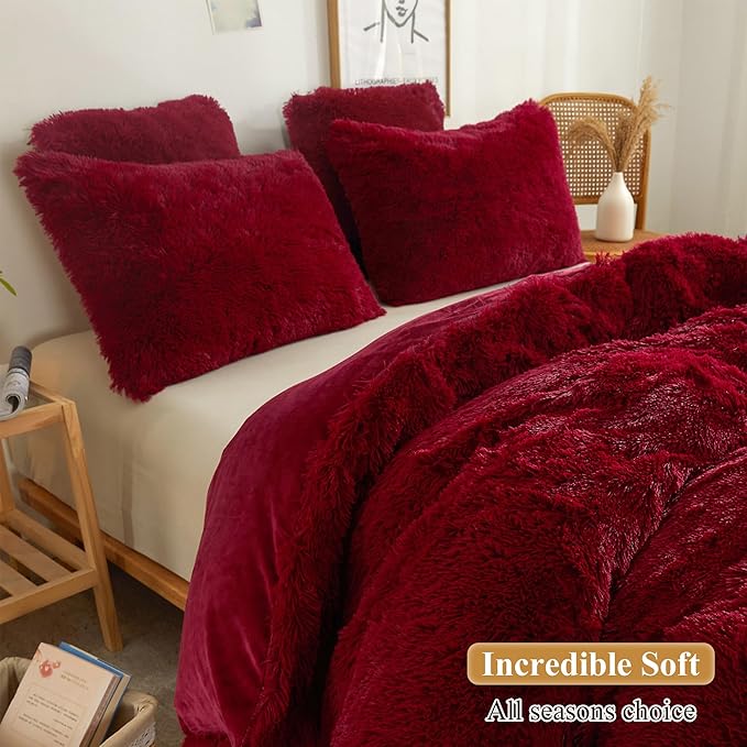 XeGe Faux Fur Fluffy Throw Pillowcases, Plush Shaggy Soft Furry Pillow Covers, Fuzzy Decorative Pillow Cases, Velvet Pillow Shams for Bed Couch Sofa Zipper Closure, Set of 2 (Standard, Red)