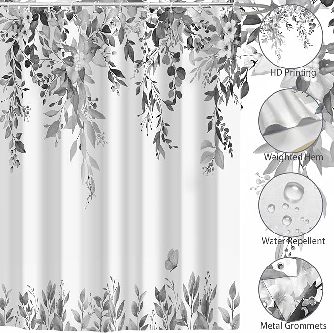 Eucalyptus Shower Curtain, Grey Watercolor Leaves with Floral Botanical Bathroom Decor, Waterproof Fabric Bath Curtain Set with Hooks, 72x72 Inches