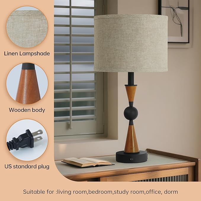 23'' Modern Table Lamps Set of 2 - Farmhouse Bedside Lamps for Bedroom with USB A+C, Wooden Lamps for Night Stands, Lamp for Living Room End Tables