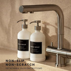 16oz Glass Soap Dispenser with Stainless Steel Pump, 21 Waterproof Labels, Non-Slip Protective Silicone Pad, Set of 2 for Bathroom & Kitchen (Matte White Bottle/Brushed Silver Pump)