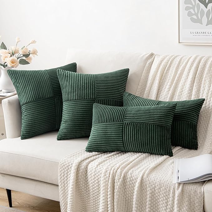 MIULEE Christmas Army Green Corduroy Pillow Covers Pack of 2 Boho Decorative Spliced Throw Pillow Covers Soft Solid Couch Pillowcases Cross Patchwork Cushion Covers for Living Room Bed Sofa 24x24 inch