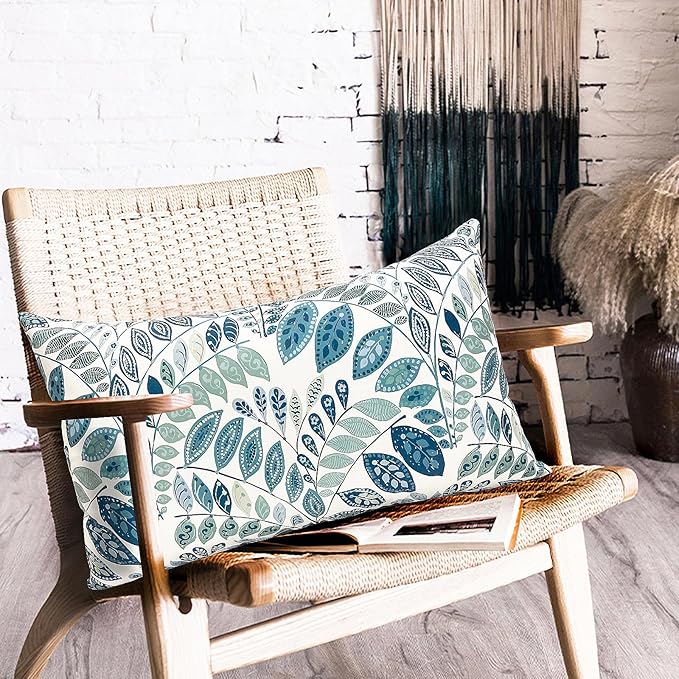 Decorative Throw Pillow Covers Set of 2 Blue Green Small Leaves Pillow Covers 12x20 inch Soft Short Plush Square Floral Throw Pillows,Farmhouse Outdoor Pillow Covers for Couch Living Room