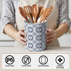 Ceramic Kitchen Utensil Holder for Countertop, Embossed Pattern Crock with Kiln-Fired Finish, Counter Organizer for Cooking Tools ,Blue