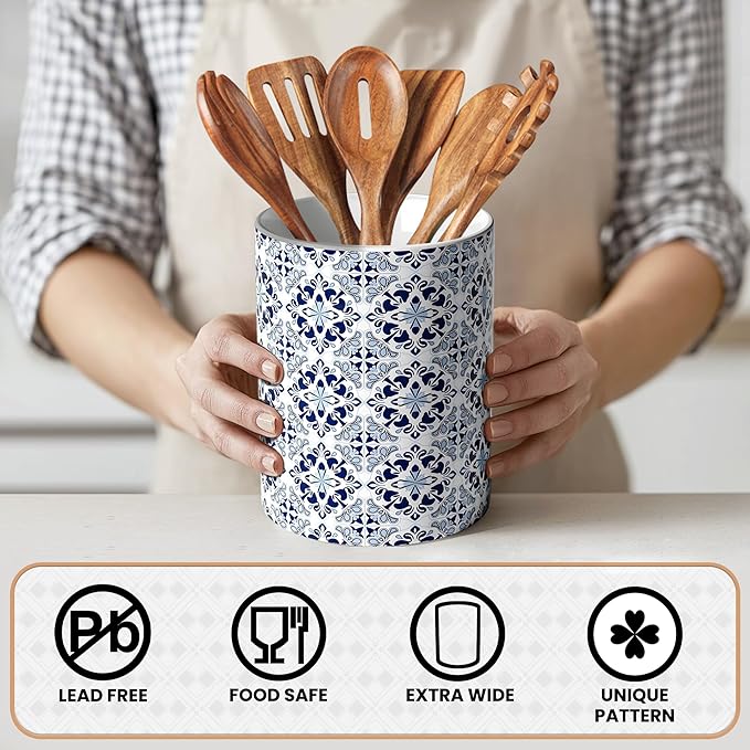 Ceramic Kitchen Utensil Holder for Countertop, Embossed Pattern Crock with Kiln-Fired Finish, Counter Organizer for Cooking Tools ,Blue