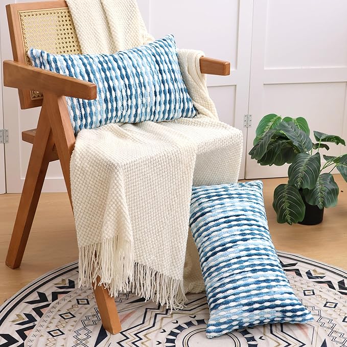Boho Decorative Throw Pillow Covers 12x20 Inch, Chenille Tufted Pillow Cover Striped Textured Lumbar Farmhouse Accent Pillowcase for Couch Sofa Bedroom Living Room, Blue White Stripe, 1 Pack