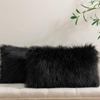 Phantoscope Pack of 2 Faux Fur Solid Throw Decorative Pillow Cover Cushion Covers Luxury Soft Decorative Pillowcase Fuzzy Pillow Covers for Bed/Couch,Black 12 x 20 Inches