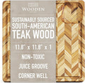 Teak Cutting Board for Kitchen (Small) – Herringbone Butcher Block with Juice Groove & Corner Well, Charcuterie Board, Food-Safe, Gift-Ready, 11.8 x 11.8 x 1 in