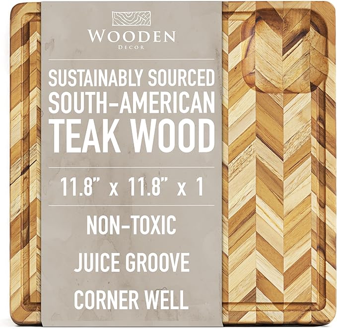 Teak Cutting Board for Kitchen (Small) – Herringbone Butcher Block with Juice Groove & Corner Well, Charcuterie Board, Food-Safe, Gift-Ready, 11.8 x 11.8 x 1 in