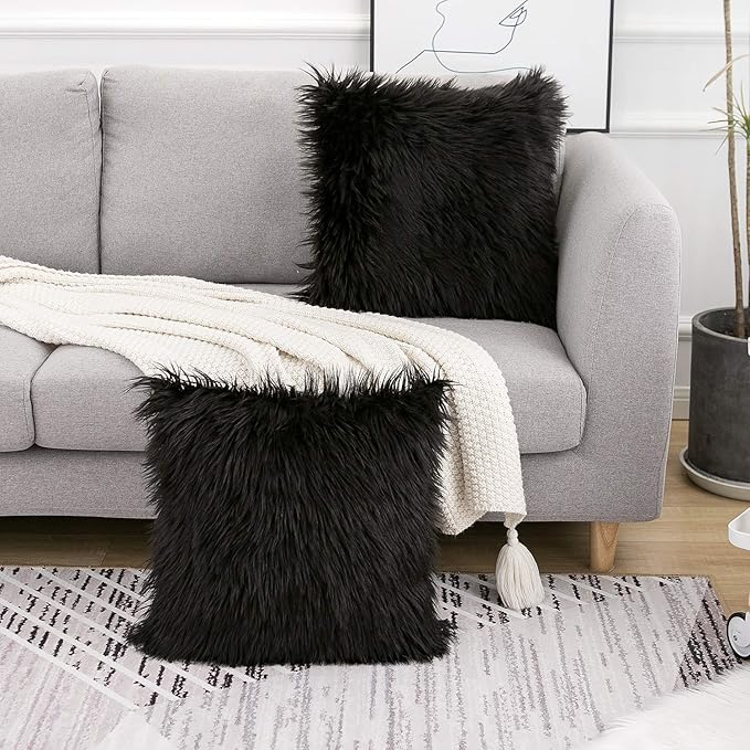 WLNUI Set of 2 Black Halloween Decorative Pillow Covers New Luxury Series Merino Style Faux Fur Fluffy Throw Pillow Covers Square Fuzzy Cushion Case for Sofa Bedroom Living Room Home Decor 20x20 Inch