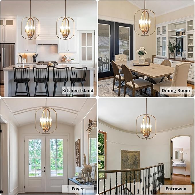 Gold Chandelier for Dining Room Light Fixture, 4 Light Entryway Light Fixture, Adjustable Modern Farmhouse Chandelier Foyer Lighting Fixtures Rustic Kitchen Chandelier for Entryway, Foyer, Living Room