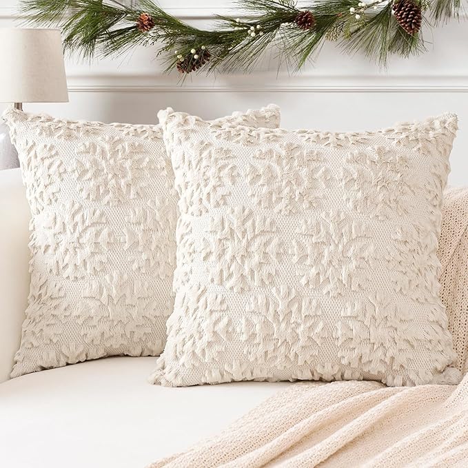 OTOSTAR Set of 2 Xmas Soft Plush Short Wool Velvet Decorative Throw Pillow Covers Square Luxury Style Cushion Case Pillow Shell for Sofa Bedroom Snowflake Cream Beige, 20x20 Inch