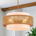 19.7" Rattan Chandelier with Linen Modern Boho Hand Woven Bamboo Chandelier Light Fixture Retro Farmhouse Drum Wicker Rattan Golden Chandeliers for Dining Room, Kitchen, Living Room,Foyer