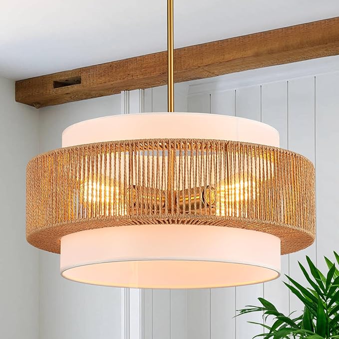 19.7" Rattan Chandelier with Linen Modern Boho Hand Woven Bamboo Chandelier Light Fixture Retro Farmhouse Drum Wicker Rattan Golden Chandeliers for Dining Room, Kitchen, Living Room,Foyer