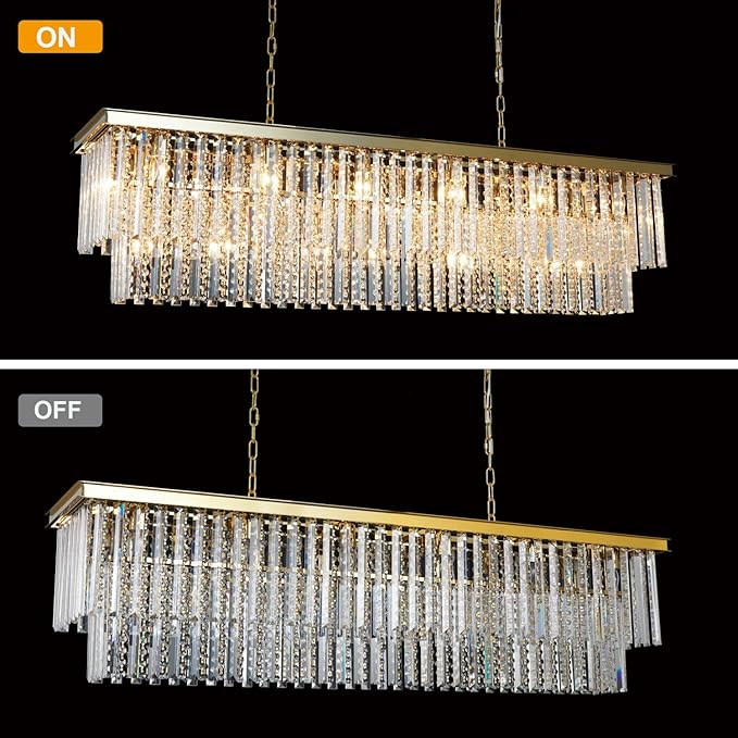 Gold Rectangular Crystal Chandelier Modern Rectangle Chandelier 21 Lights Oval Contemporary Ceiling Light Fixture for Dining Room Kitchen Island Living Room L55 Inch