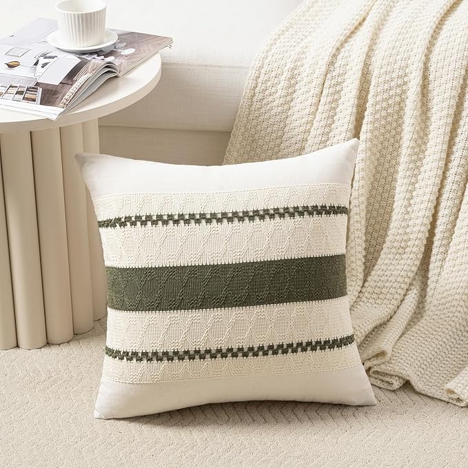 Fancy Homi Set of 2 Boho Moss Green Decorative Throw Pillow Cover 20x20 Inch for Couch Bed Sofa, Aesthetic Modern Organic Farmhouse Home Decor, Soft Cotton Cute Accent Macrame Woven Cushion Case