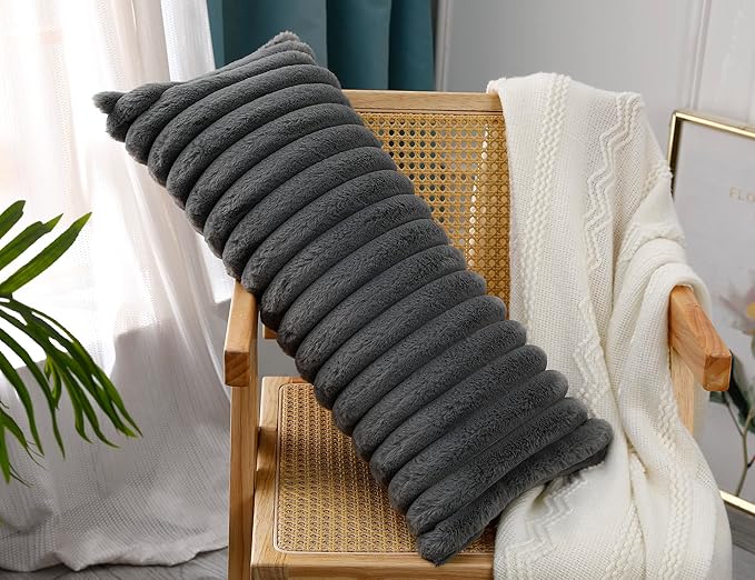 PANOD Faux Fur Decorative Lumbar Throw Pillow Covers 14 x 24,Long Boho Lumbar Pillow Covers Pillow Case Cushion Case for Bed Sofa Farmhouse Livingroom,Grey