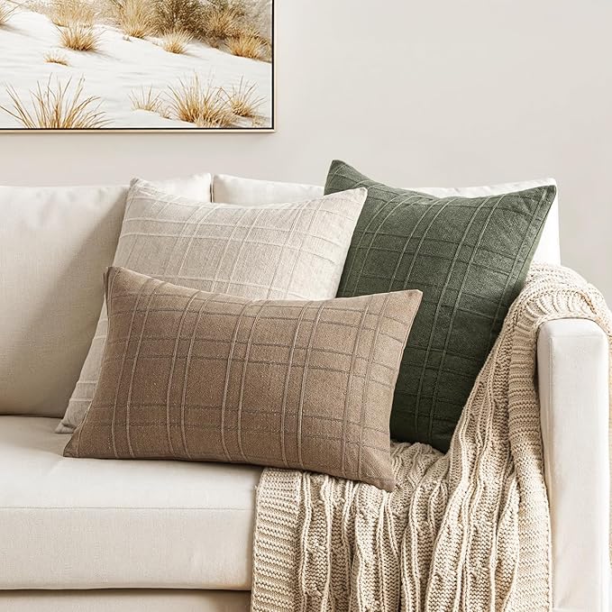 MIULEE Decorative Linen Check Throw Pillow Covers Neutral Farmhouse Vintage Pillow Covers 16x16 Set of 2 Boho Modern Winter Home Decor for Sofa Couch Bedroom Cushion Light Brown