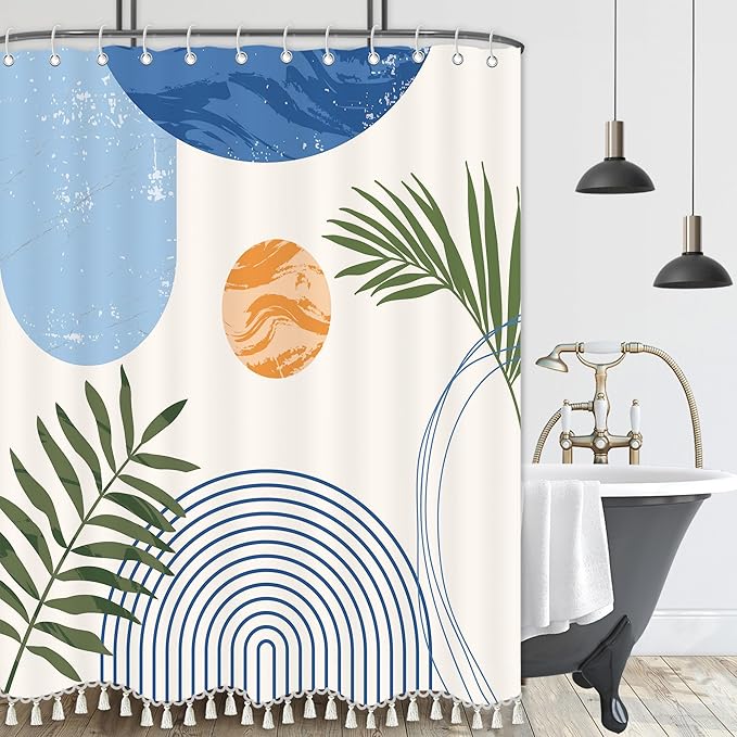 Boho Mid Century Leaf Shower Curtain Set,Arch Sun Design,Minimalistic Leaves Pattern,Waterproof and Luxurious Fabric-12 Hooks(Light Blue-72" x 72")