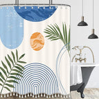 Boho Mid Century Leaf Shower Curtain Set,Arch Sun Design,Minimalistic Leaves Pattern,Waterproof and Luxurious Fabric-12 Hooks(Light Blue-72" x 72")