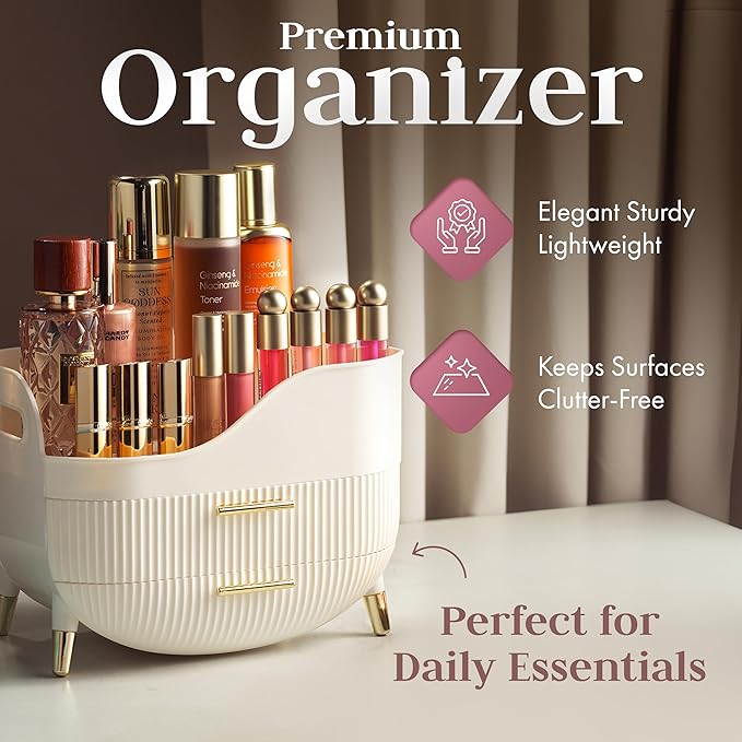 Large Makeup Cosmetic Countertop - Cosmetic Organizer - Vanity, Bathroom Storage for Skin Care Organizer - Space-Saving Design with Drawers - Open-Top, Gold Accents, Portable Side Handles (White)