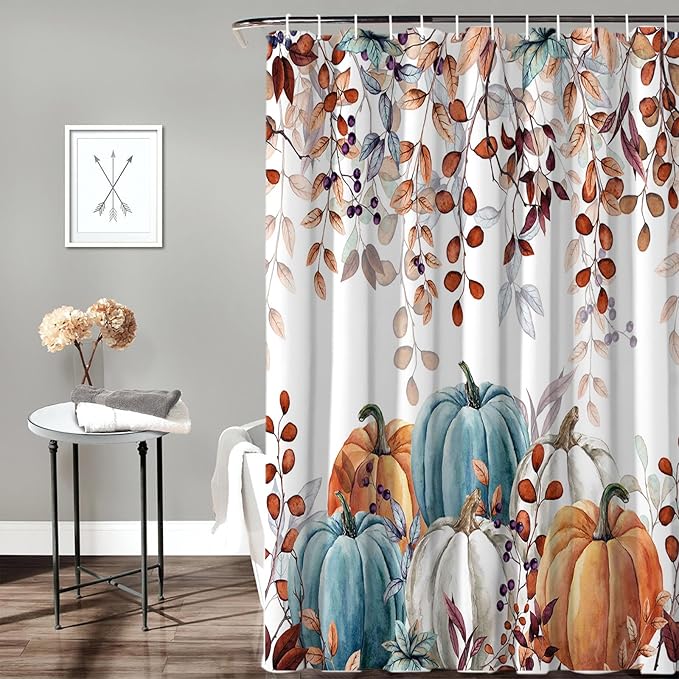 Fall Thanksgiving Shower Curtain, Watercolor Autumn Pumpkins Eucalyptus Leaves Shower Curtains Set with Hooks, Blue Orange Waterproof FabricBathroom Decor Home Accessories,72X 96 Inch Extra Long