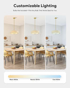 VONLUCE Modern Chandeliers, 18" Drum Chandeliers with 2-Layer Fabric Shade, 4-Light Pendant Light Fixture with E26 Bases, Light Fixture for Dining Room Bedroom Living Room, Linen Shade & Brass Finish