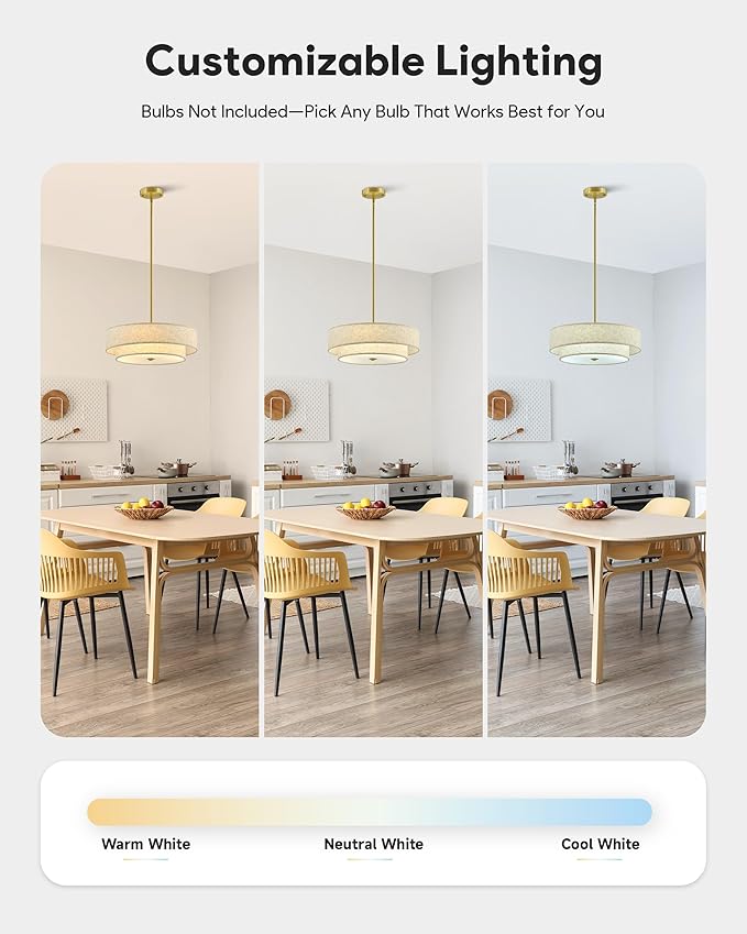 VONLUCE Modern Chandeliers, 18" Drum Chandeliers with 2-Layer Fabric Shade, 4-Light Pendant Light Fixture with E26 Bases, Light Fixture for Dining Room Bedroom Living Room, Linen Shade & Brass Finish