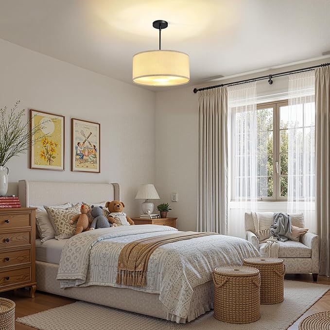 16'' Modern Chandelier, 3-Light Drum Chandelier with Classic Fabric Linen Shade, Farmhouse Adjustable Pendant Light Fixture for Dining Room, Bedroom, and Kitchen